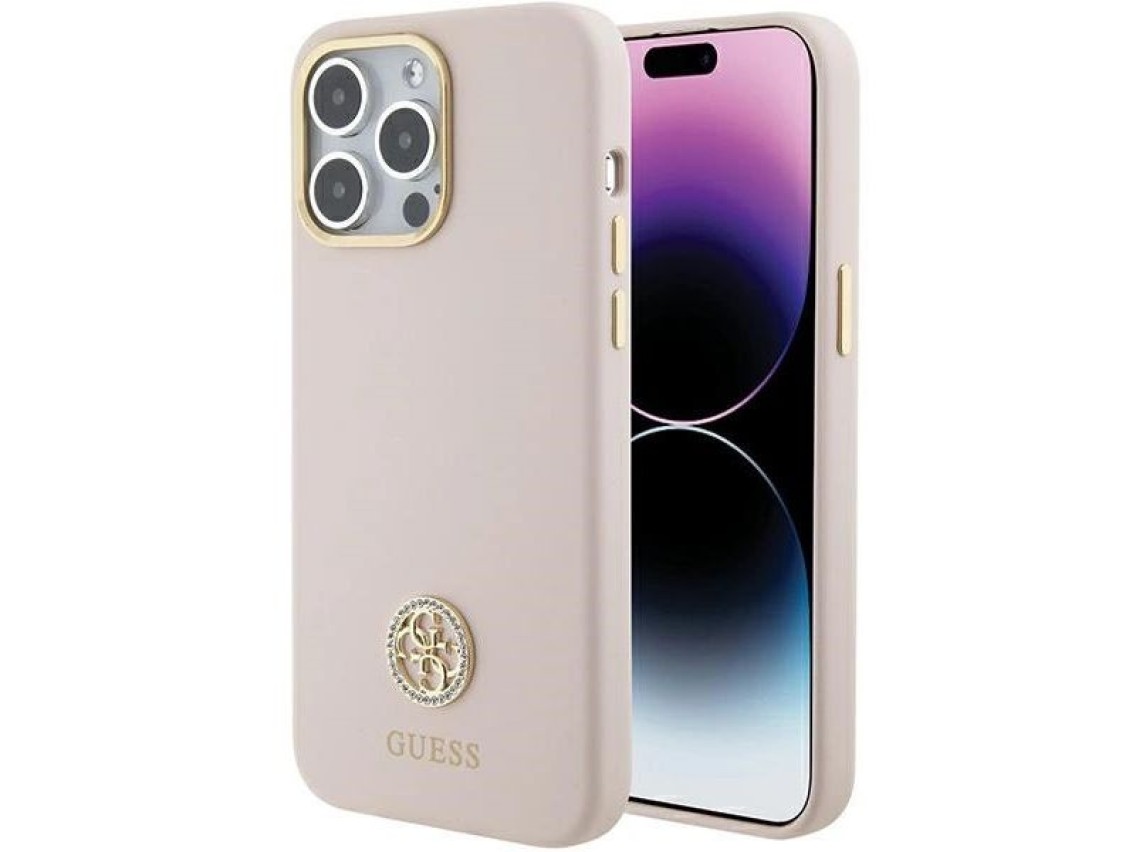 Funda de silicona Guess con logo Strass 4G para iPhone 15 Pro Max - Rosa