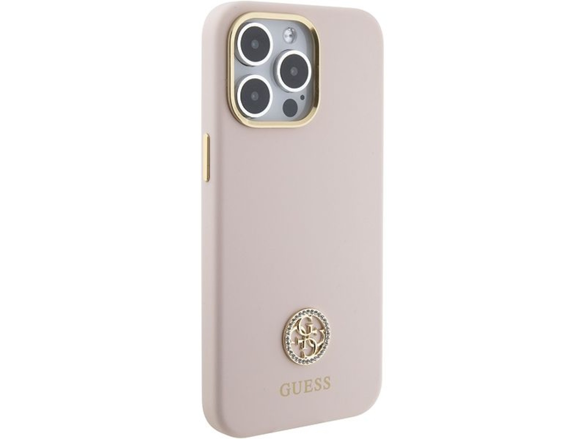 Funda de silicona Guess con logo Strass 4G para iPhone 15 Pro Max - Rosa