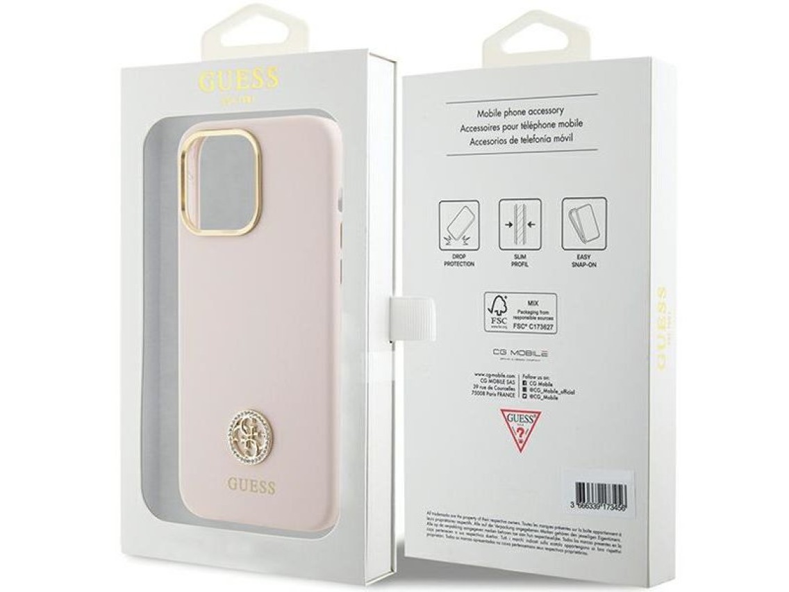 Funda de silicona Guess con logo Strass 4G para iPhone 15 Pro Max - Rosa