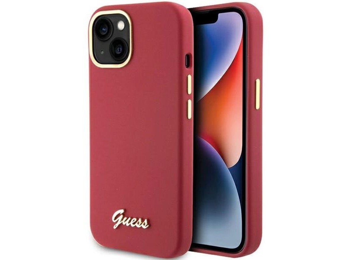Guess Silicone Script Metal Logo & Frame case for iPhone 15 - red