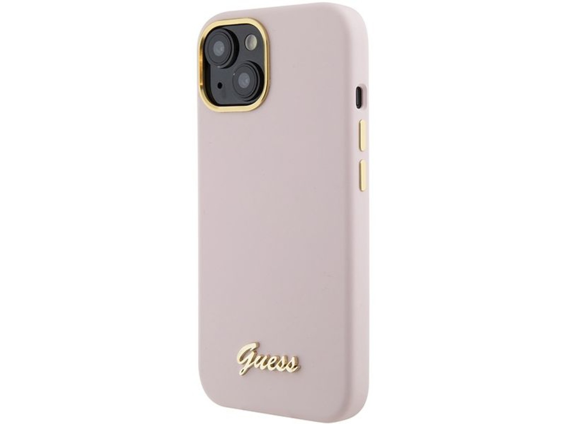Guess Silicone Script Metal Logo & Frame case for iPhone 15 - pink