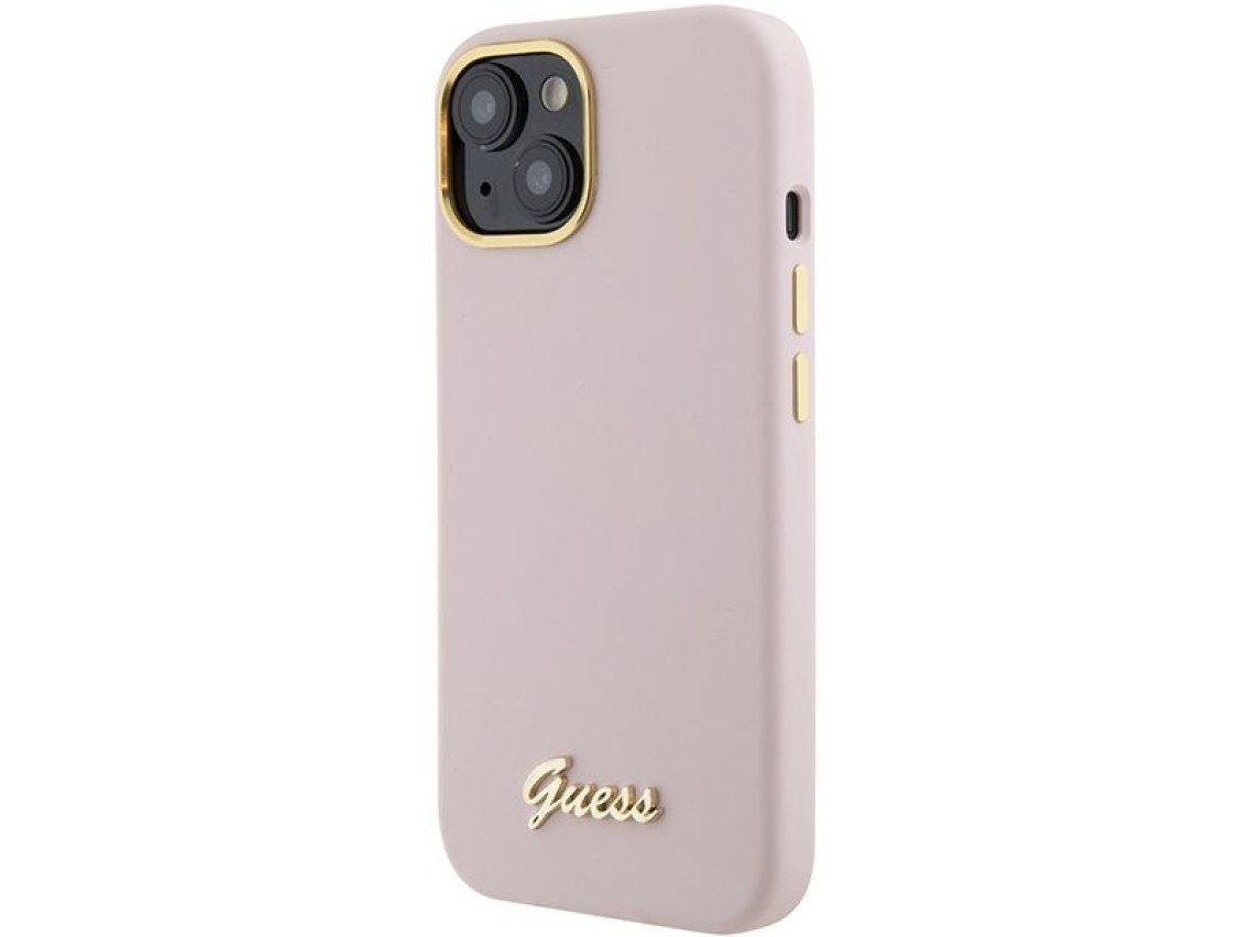 Guess Silicone Script Metal Logo & Frame case for iPhone 15 - pink