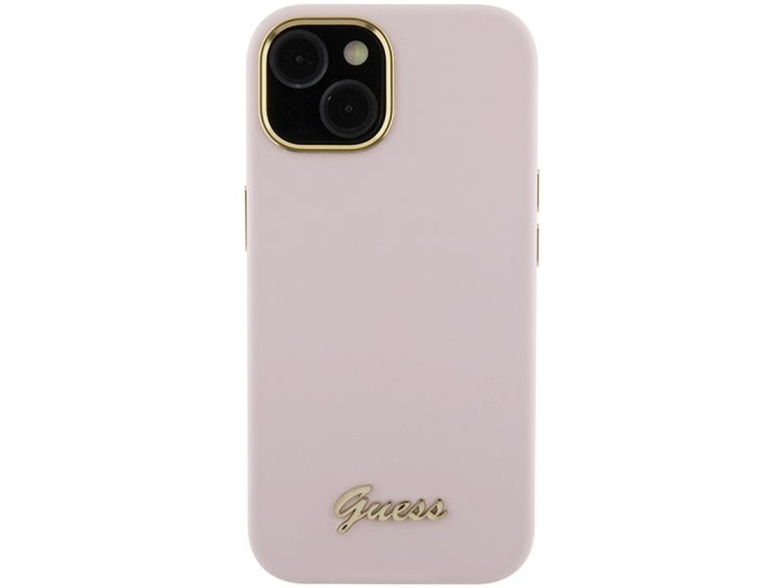 Guess Silicone Script Metal Logo & Frame case for iPhone 15 - pink
