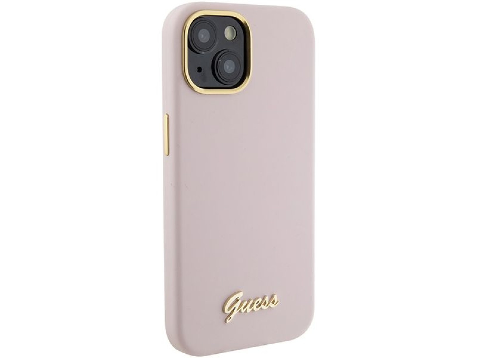 Guess Silicone Script Metal Logo & Frame case for iPhone 15 - pink