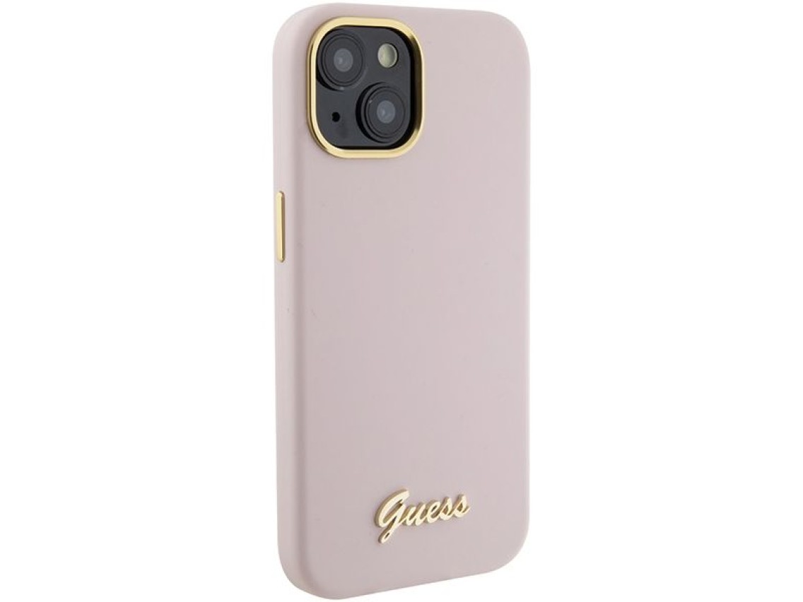 Guess Silicone Script Metal Logo & Frame case for iPhone 15 - pink