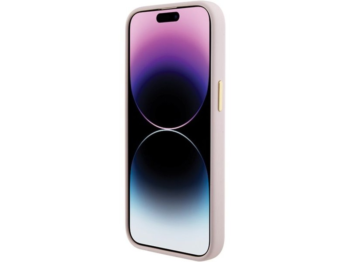 Guess Silicone Script Metal Logo & Frame case for iPhone 15 - pink