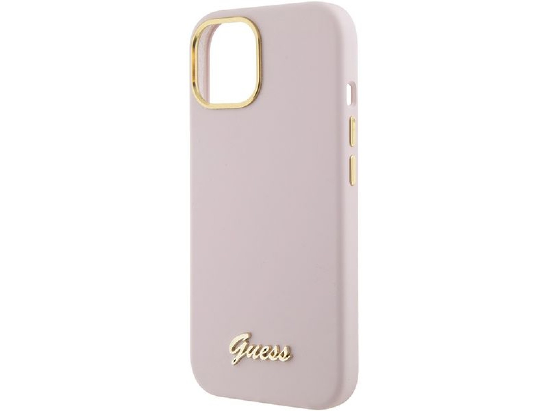 Guess Silicone Script Metal Logo & Frame case for iPhone 15 - pink
