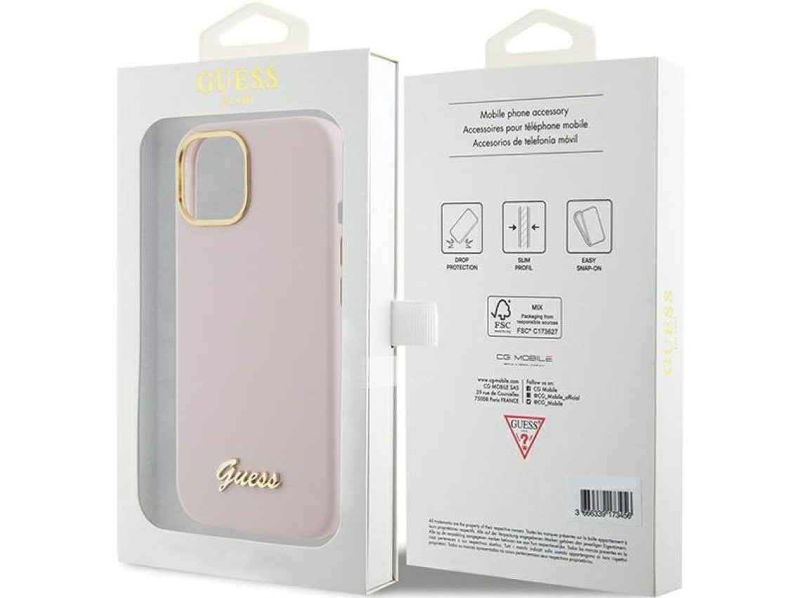 Guess Silicone Script Metal Logo & Frame case for iPhone 15 - pink