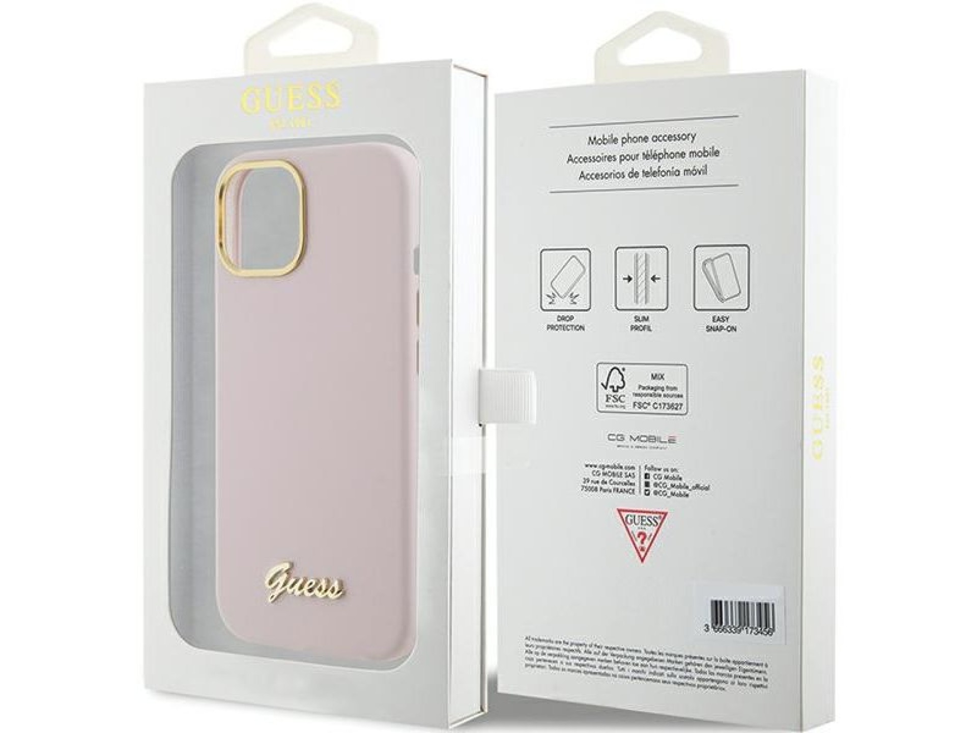 Guess Silicone Script Metal Logo & Frame case for iPhone 15 - pink
