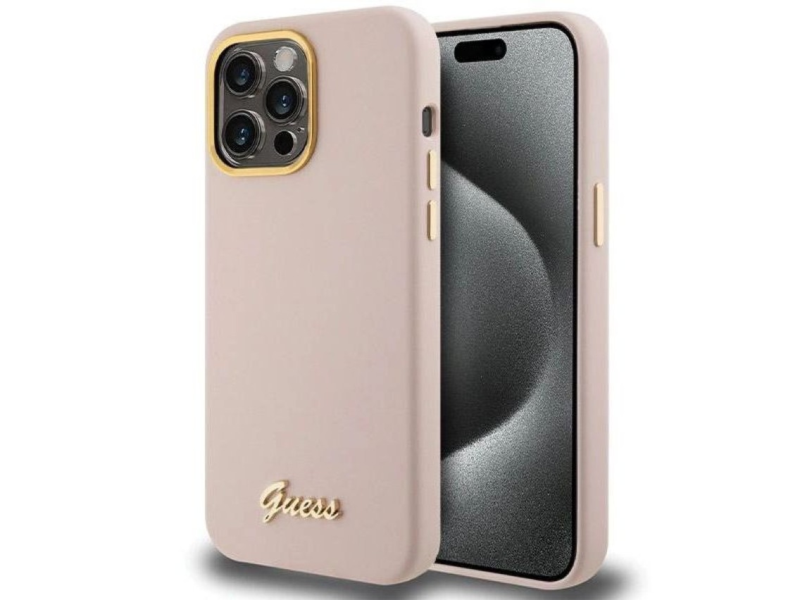 Capa Guess de silicone com logo metálico e moldura para iPhone 15 Pro Max - rosa