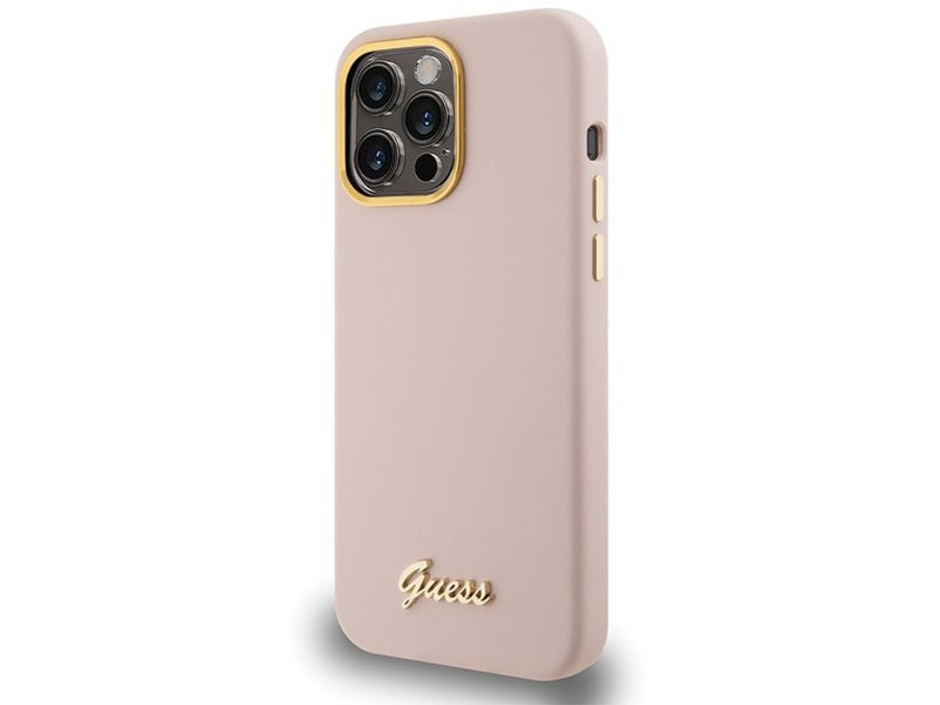 Capa Guess de silicone com logo metálico e moldura para iPhone 15 Pro Max - rosa
