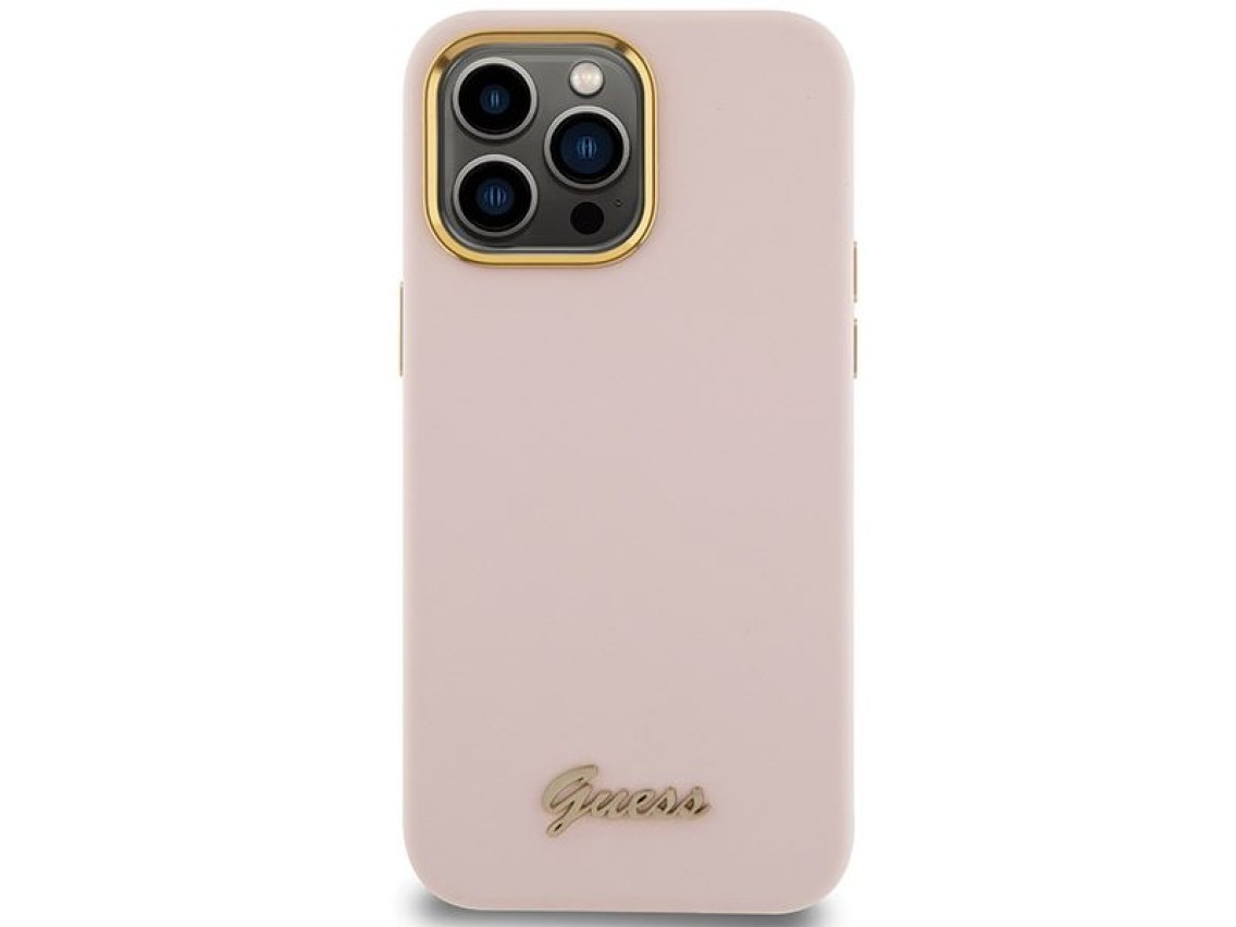 Capa Guess de silicone com logo metálico e moldura para iPhone 15 Pro Max - rosa