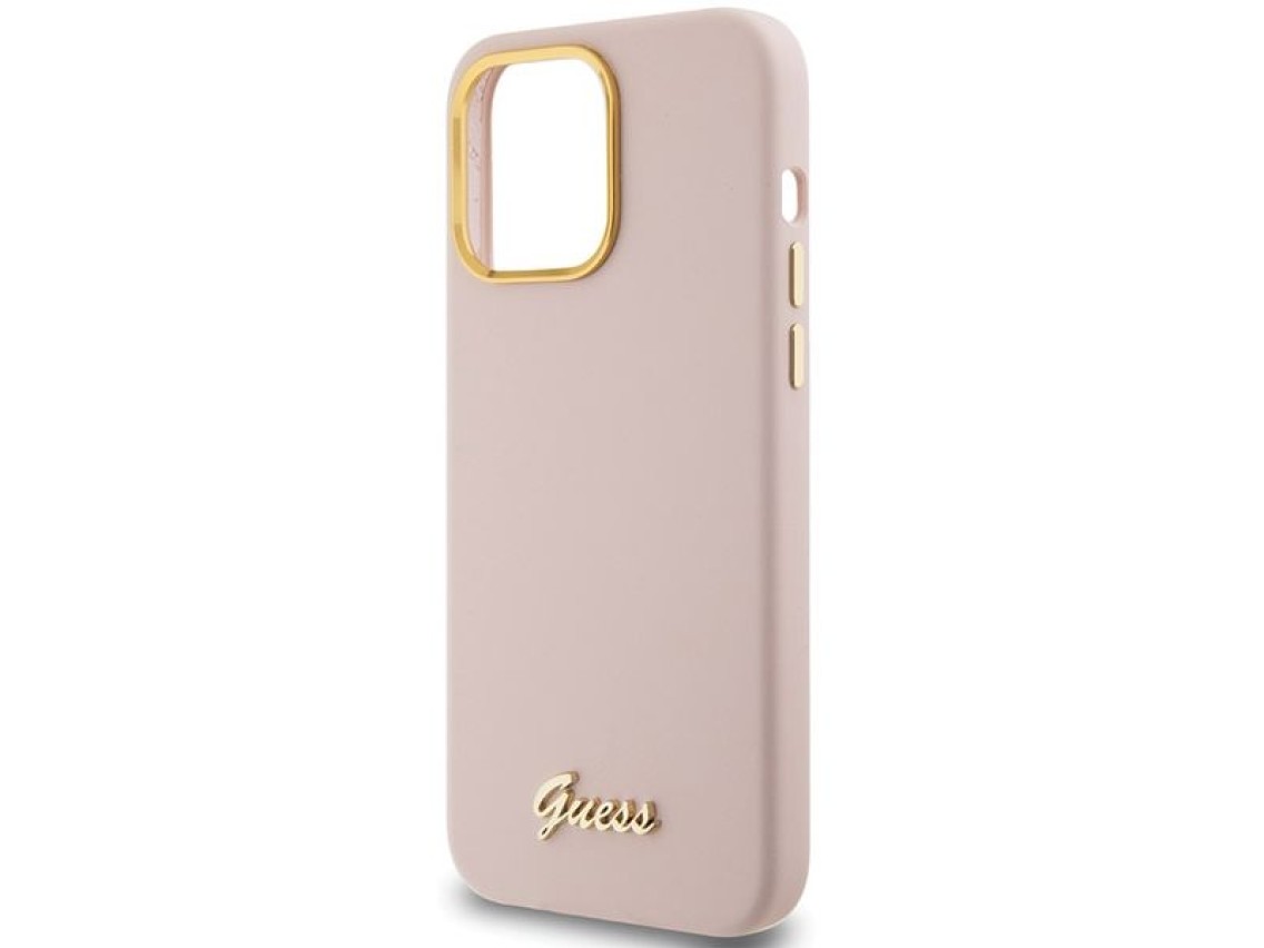 Capa Guess de silicone com logo metálico e moldura para iPhone 15 Pro Max - rosa