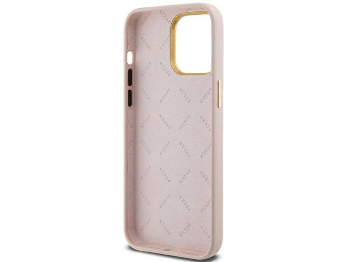 Capa Guess de silicone com logo metálico e moldura para iPhone 15 Pro Max - rosa