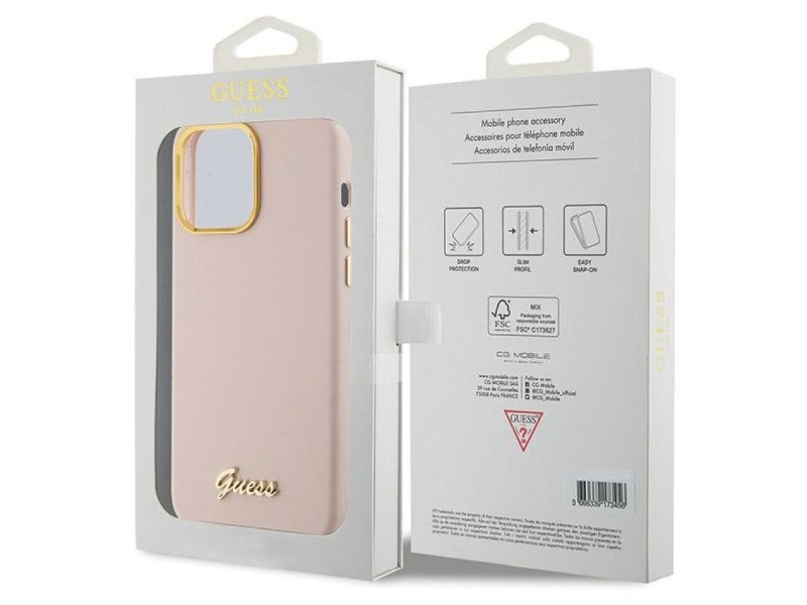 Capa Guess de silicone com logo metálico e moldura para iPhone 15 Pro Max - rosa