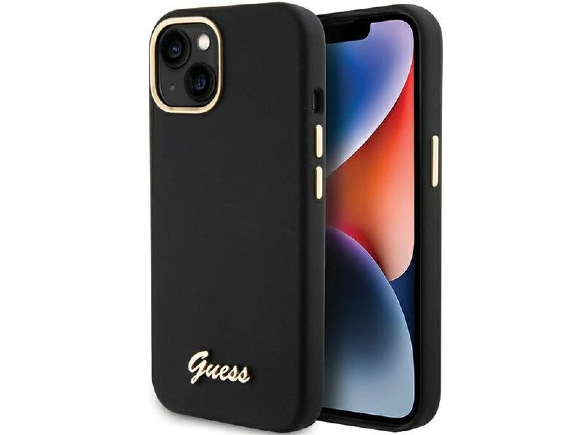 Capa Guess de silicone com logo metálico e moldura para iPhone 15 - preta