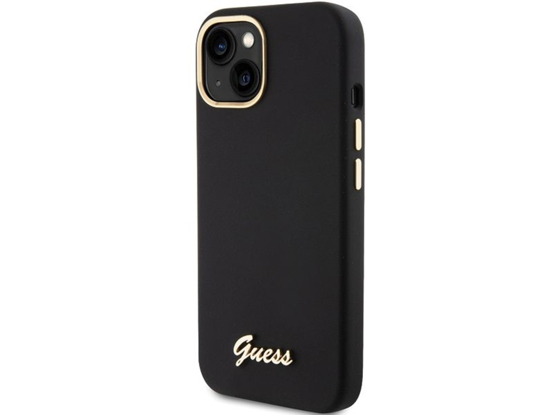 Capa Guess de silicone com logo metálico e moldura para iPhone 15 - preta