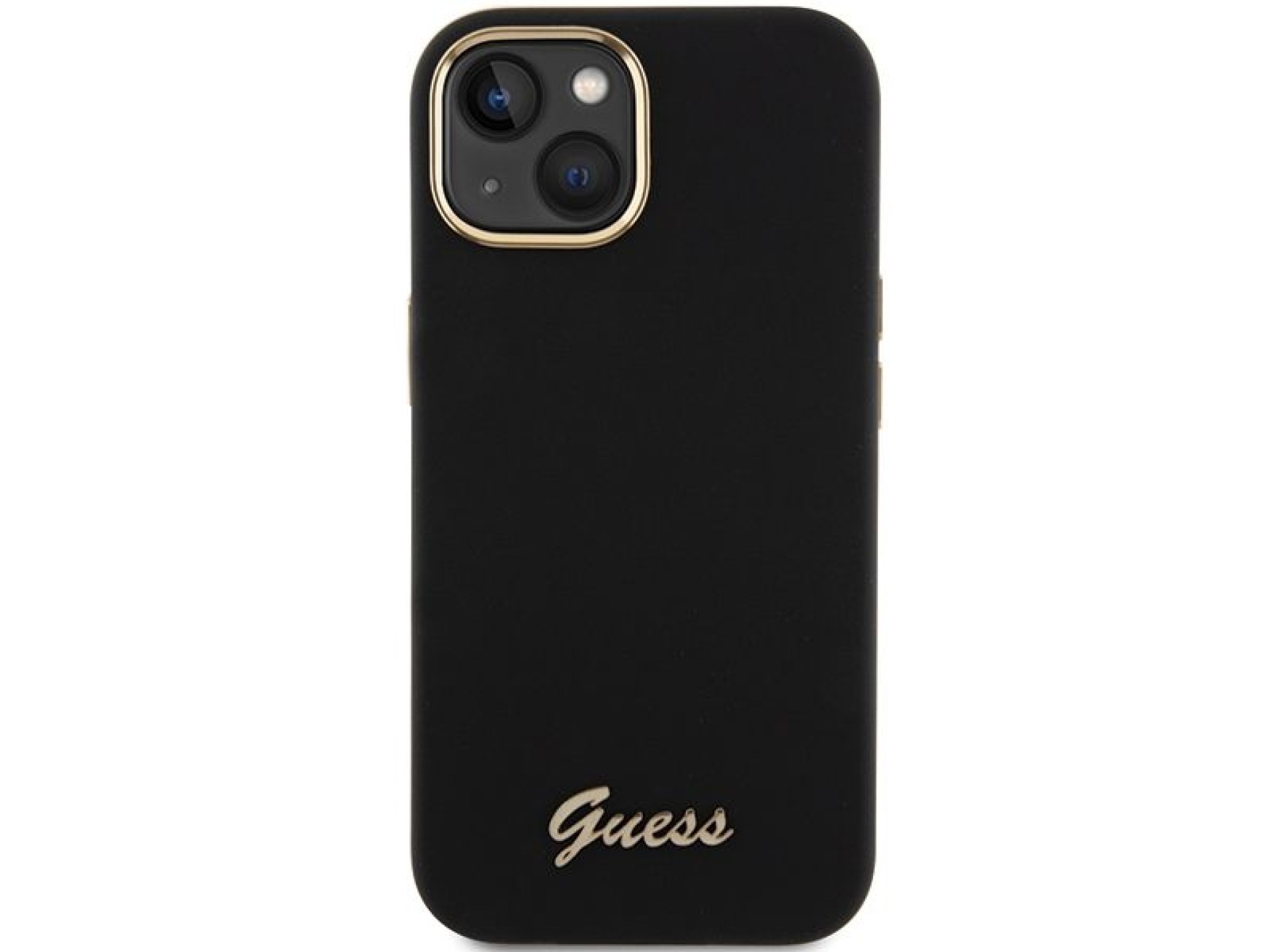 Capa Guess de silicone com logo metálico e moldura para iPhone 15 - preta