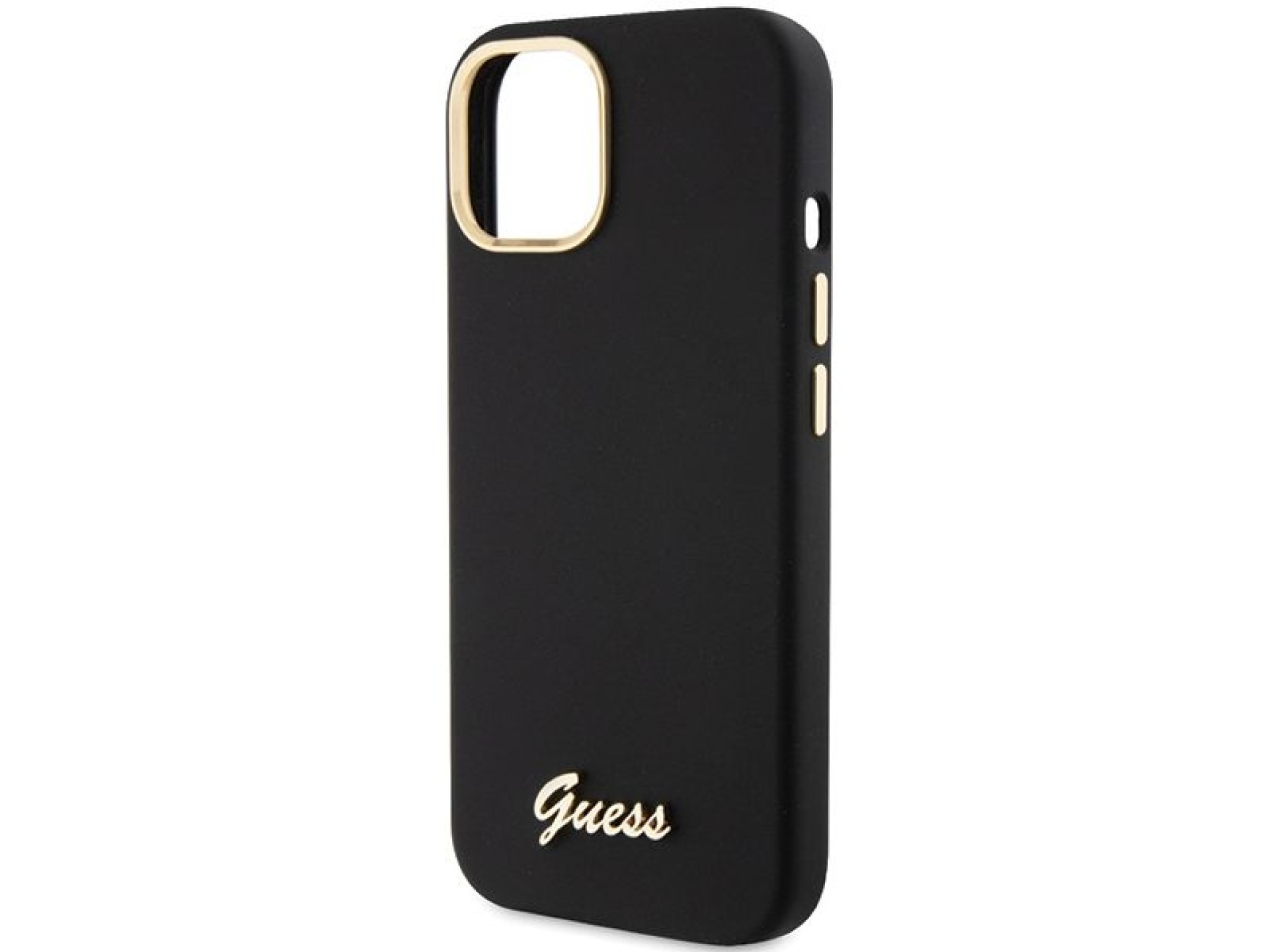 Capa Guess de silicone com logo metálico e moldura para iPhone 15 - preta