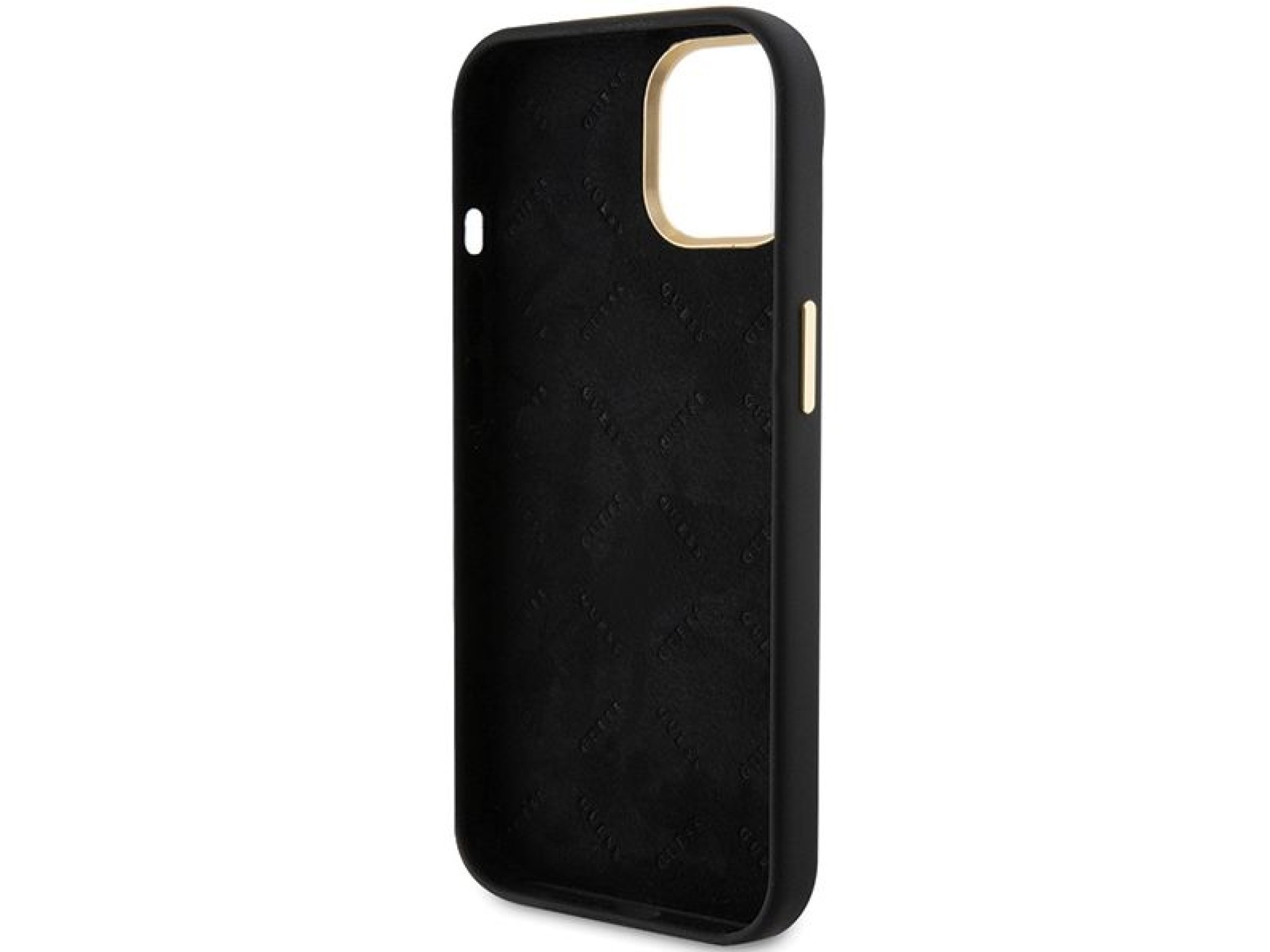 Capa Guess de silicone com logo metálico e moldura para iPhone 15 - preta