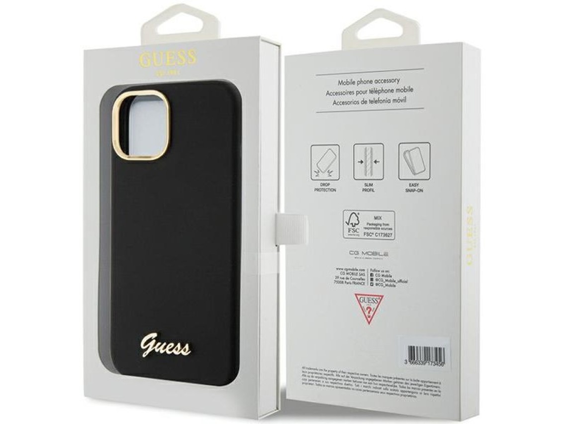 Capa Guess de silicone com logo met�lico e moldura para iPhone 15 - preta