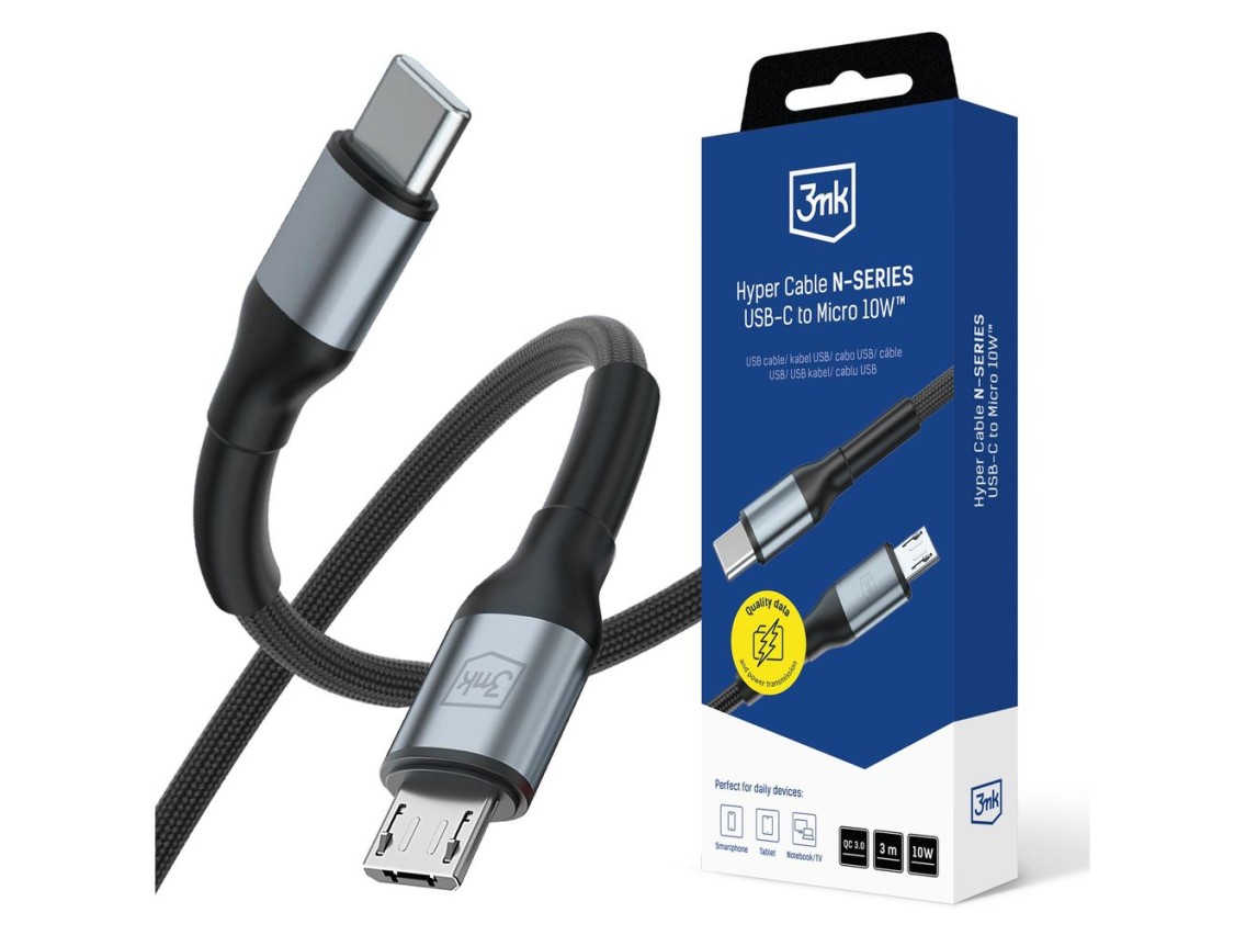 3mk Hyper Cable N-SERIES USB-C / MicroUSB 3m QC 3.0 5V/2A 10W - black
