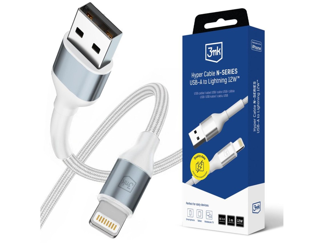 3mk Hyper Cable N-SERIES USB-A / Lightning 1m QC 3.0 5V/2.4A 12W - white