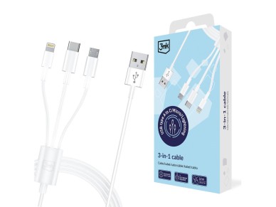 Cabo 3mk 3 em 1 USB-A - micro USB / Lightning / USB-C 1,2 m 20 V/2,4 A 15 W - branco