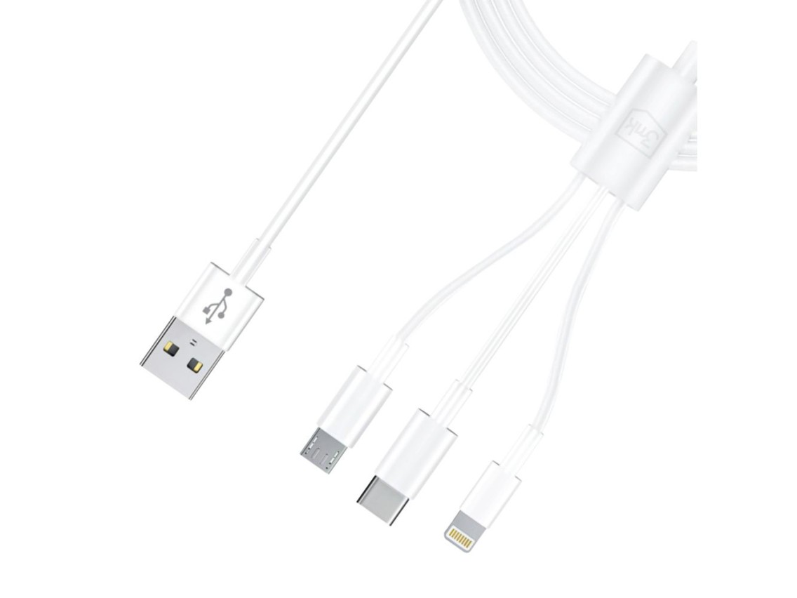 Cable 3mk 3 en 1 USB-A - micro USB / Lightning / USB-C 1,2 m 20 V/2,4 A 15 W - blanco