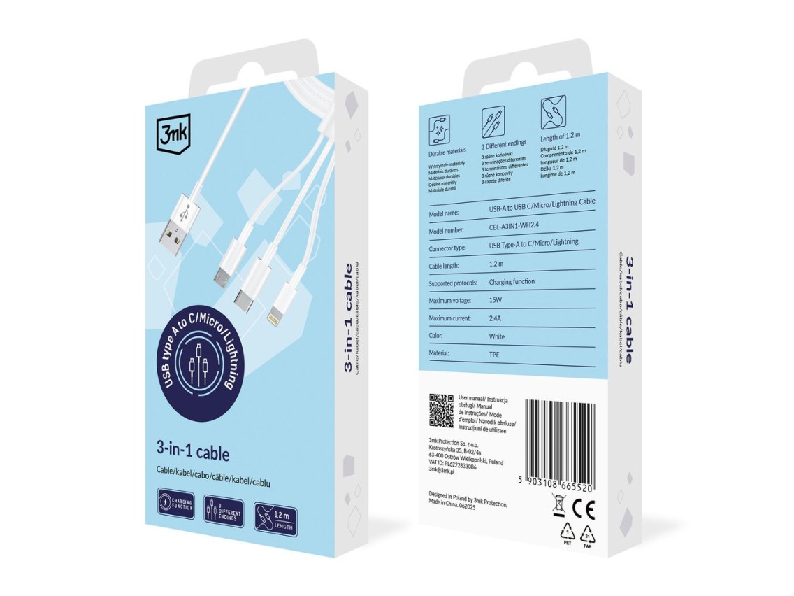 Cable 3mk 3 en 1 USB-A - micro USB / Lightning / USB-C 1,2 m 20 V/2,4 A 15 W - blanco