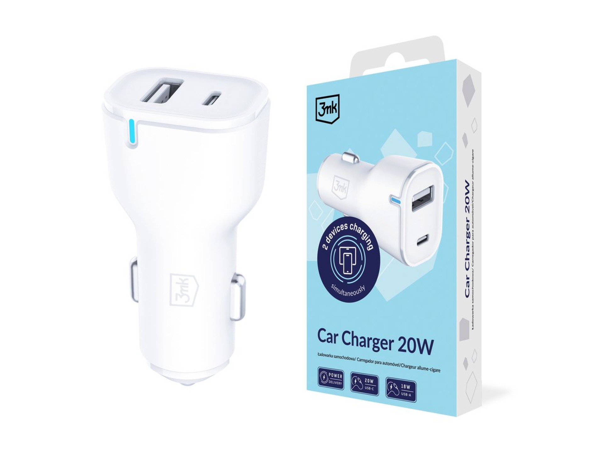 Cargador de coche 3mk 20W PD3.0 QC 3.0 USB 1A1C - Blanco
