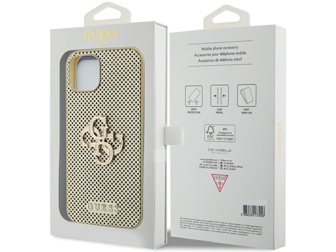 Capa Guess Perforated 4G Glitter para iPhone 15 - dourada