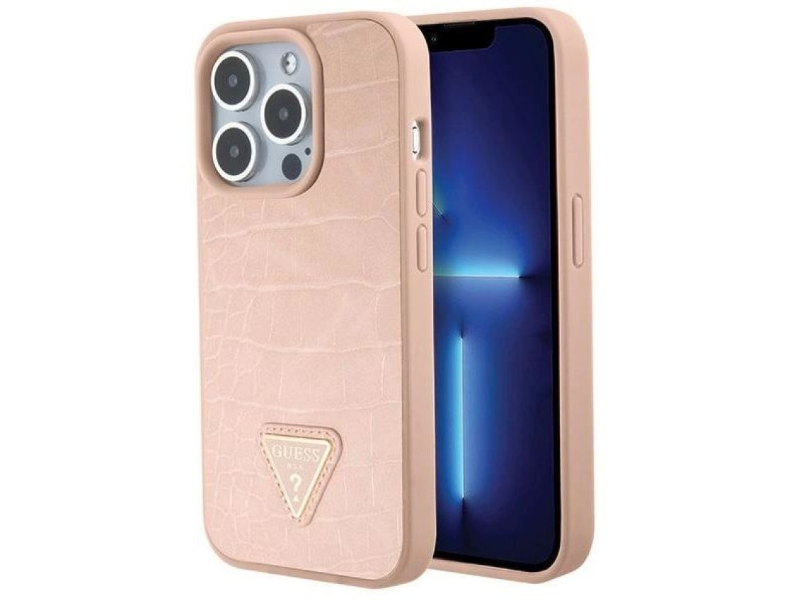 Capa rígida rosa/rosa com estampa de triângulo de crocodilo e logo metálico da Guess GUHCP15XPCRTHCP