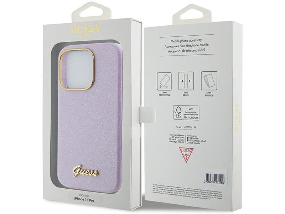 Guess Glitter Glossy Script case for iPhone 15 Pro Max - lilac