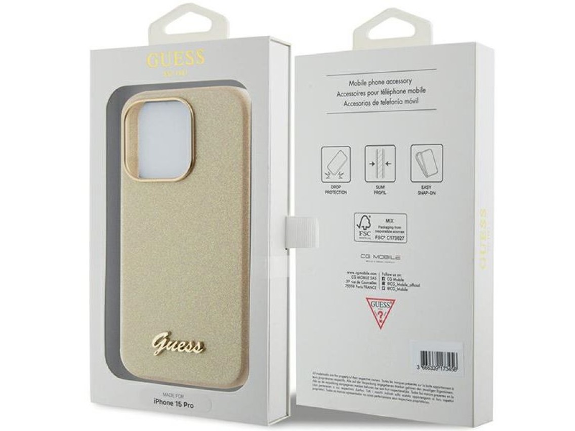Funda Guess Glitter Glossy Script para iPhone 15 Pro - dorada