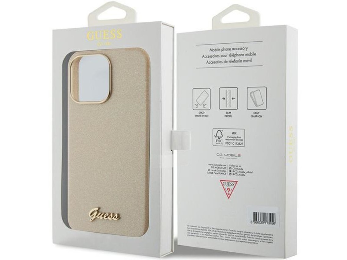 Capa Guess Glitter Glossy Script para iPhone 15 Pro Max - dourada