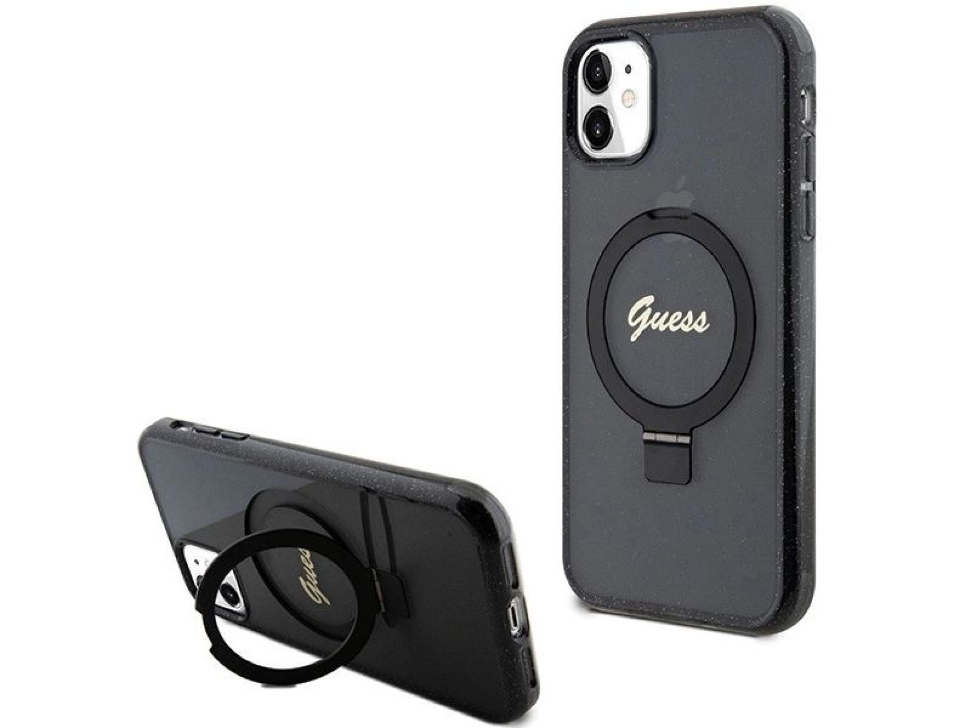 Guess Ring Stand Script Glitter MagSafe case for iPhone 11 / Xr - black