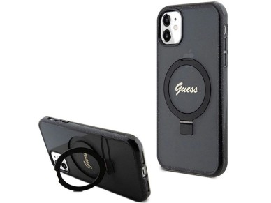 Guess Ring Stand Script Glitter MagSafe case for iPhone 11 / Xr - black Guess Ring Stand Script Glitter MagSafe case for iPhone 11 / Xr - black
