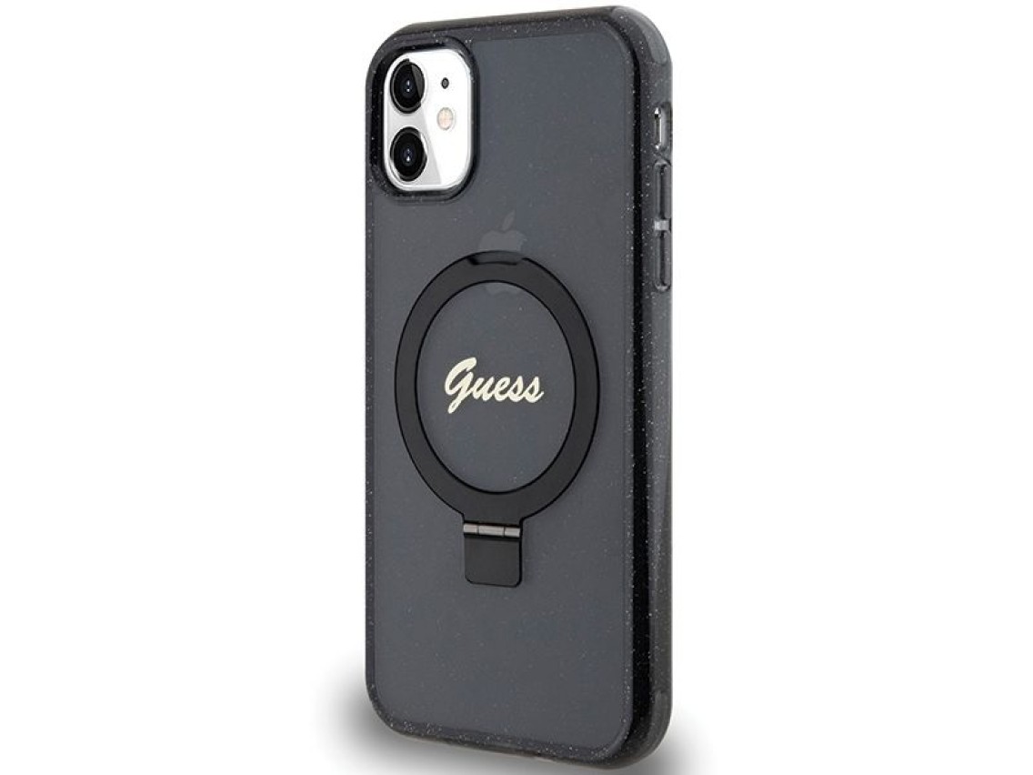 Guess Ring Stand Script Glitter MagSafe case for iPhone 11 / Xr - black