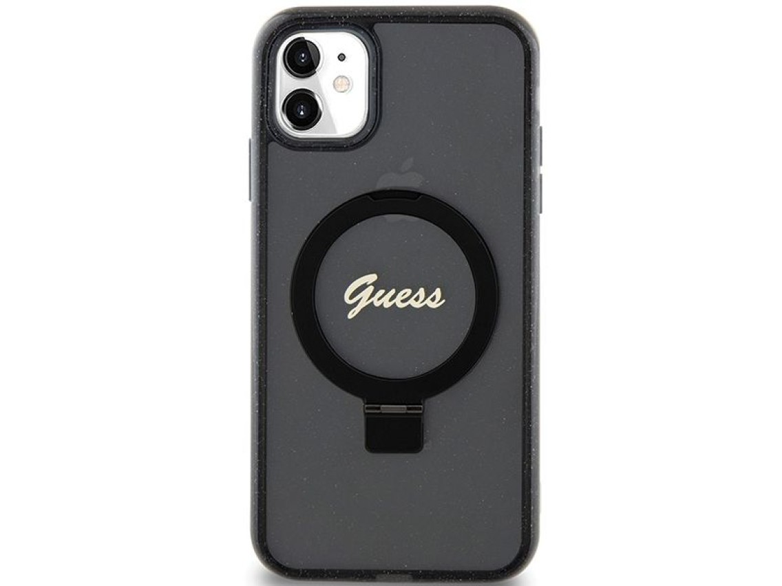 Guess Ring Stand Script Glitter MagSafe case for iPhone 11 / Xr - black