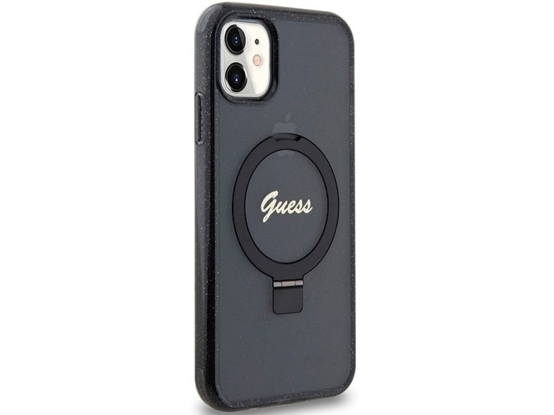 Guess Ring Stand Script Glitter MagSafe case for iPhone 11 / Xr - black