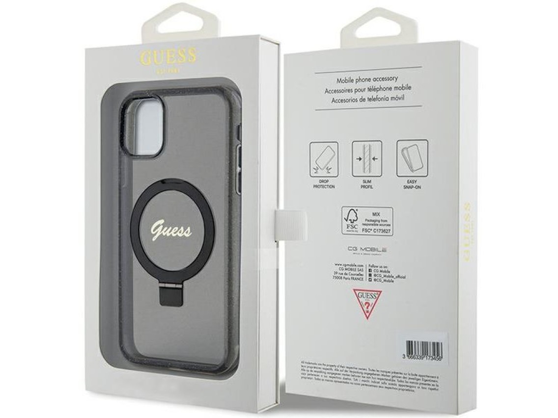 Guess Ring Stand Script Glitter MagSafe case for iPhone 11 / Xr - black