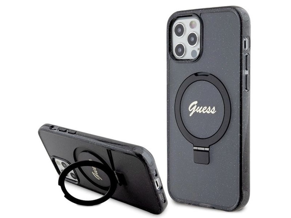 Capa MagSafe Guess Ring Stand Script Glitter para iPhone 12/12 Pro - preta
