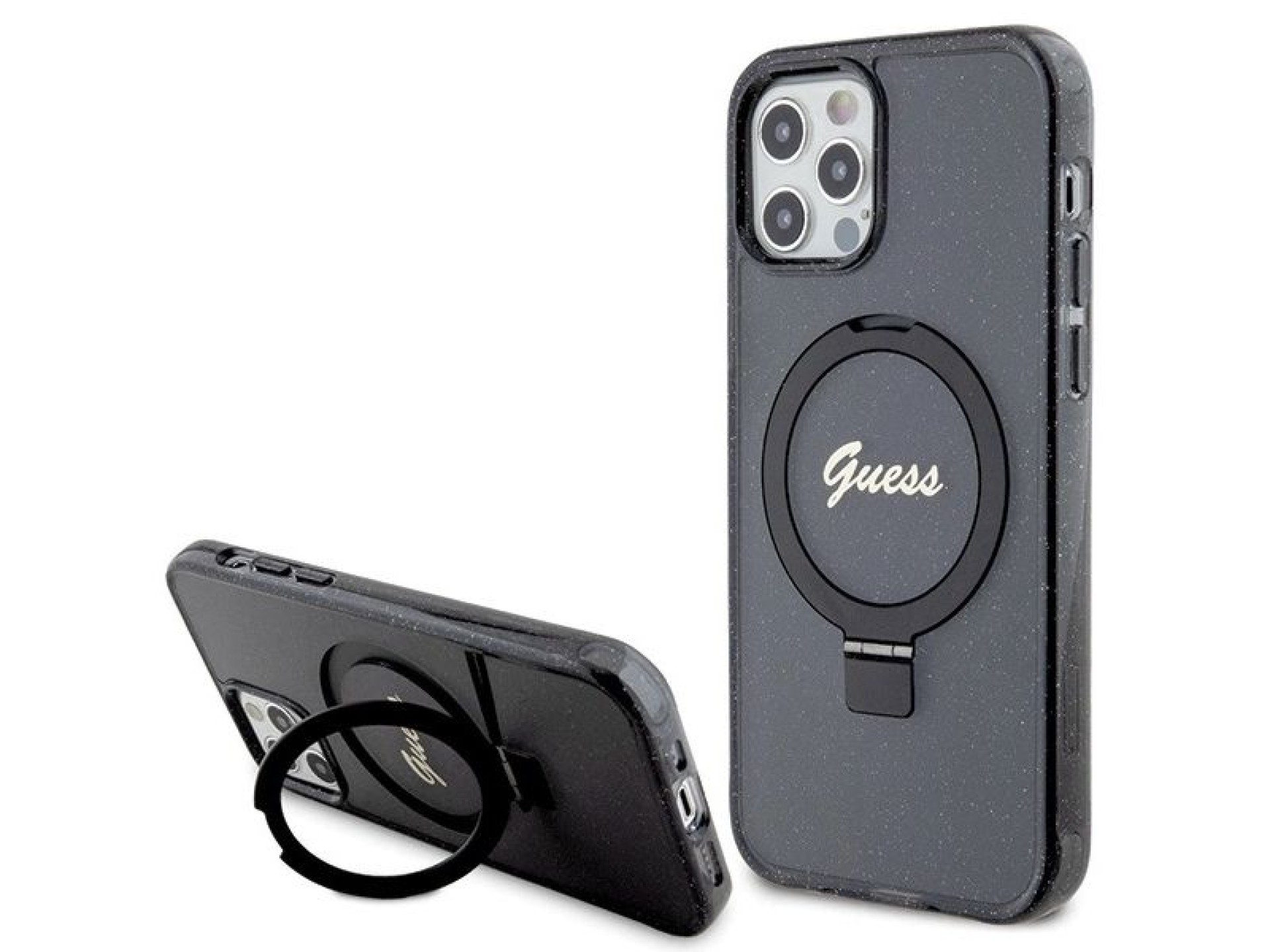 Capa MagSafe Guess Ring Stand Script Glitter para iPhone 12/12 Pro - preta