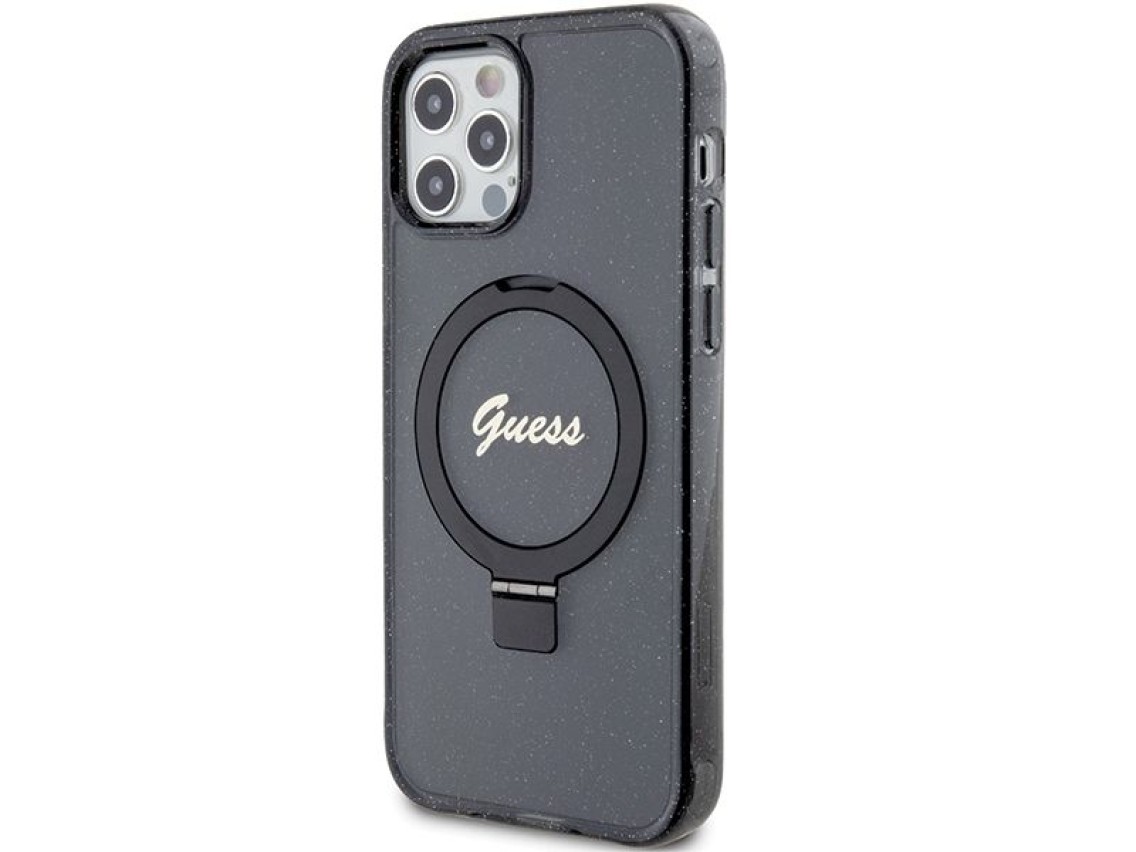 Capa MagSafe Guess Ring Stand Script Glitter para iPhone 12/12 Pro - preta