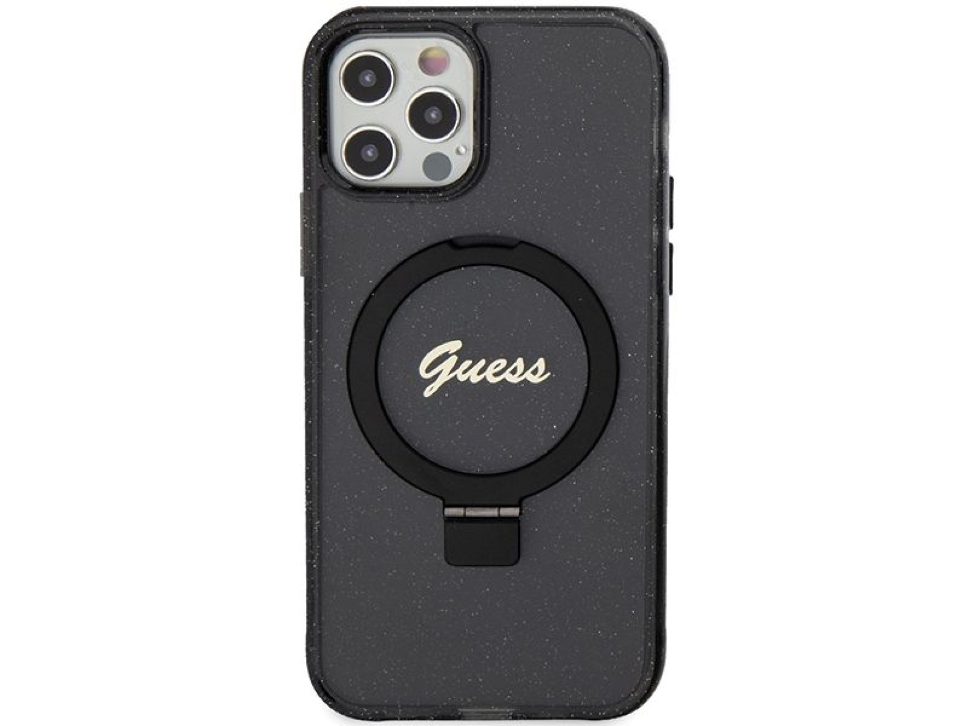 Capa MagSafe Guess Ring Stand Script Glitter para iPhone 12/12 Pro - preta