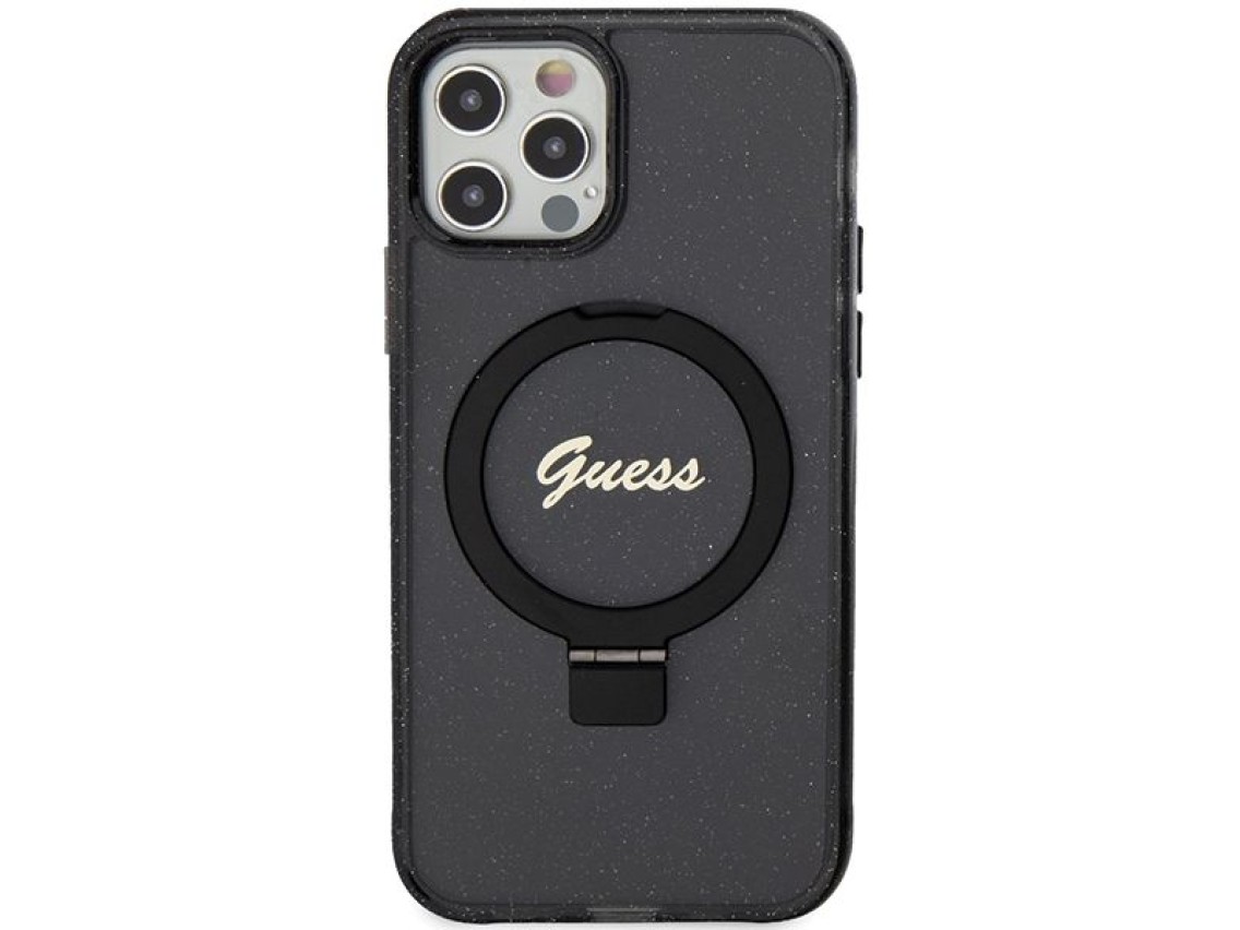 Capa MagSafe Guess Ring Stand Script Glitter para iPhone 12/12 Pro - preta
