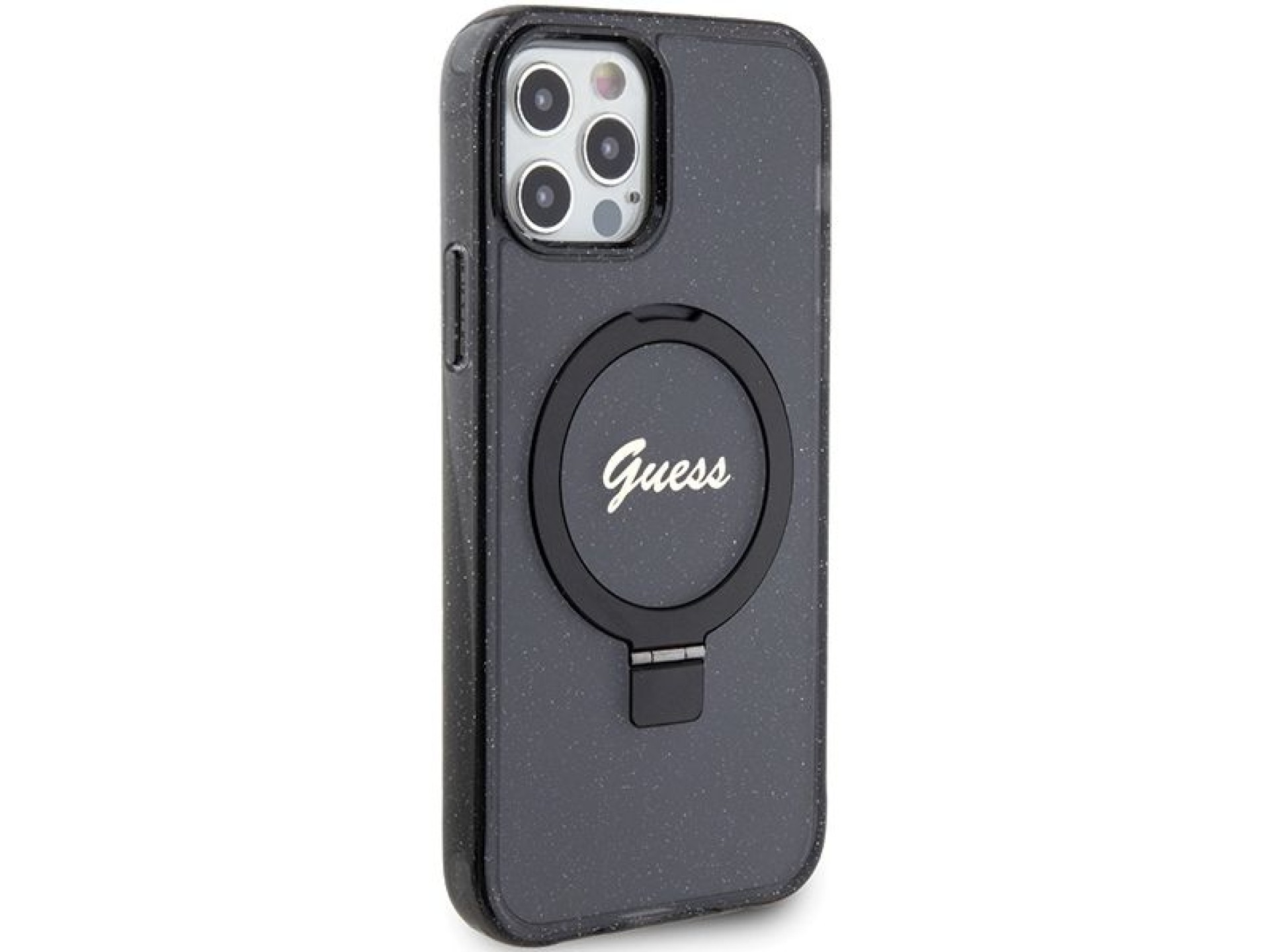 Capa MagSafe Guess Ring Stand Script Glitter para iPhone 12/12 Pro - preta