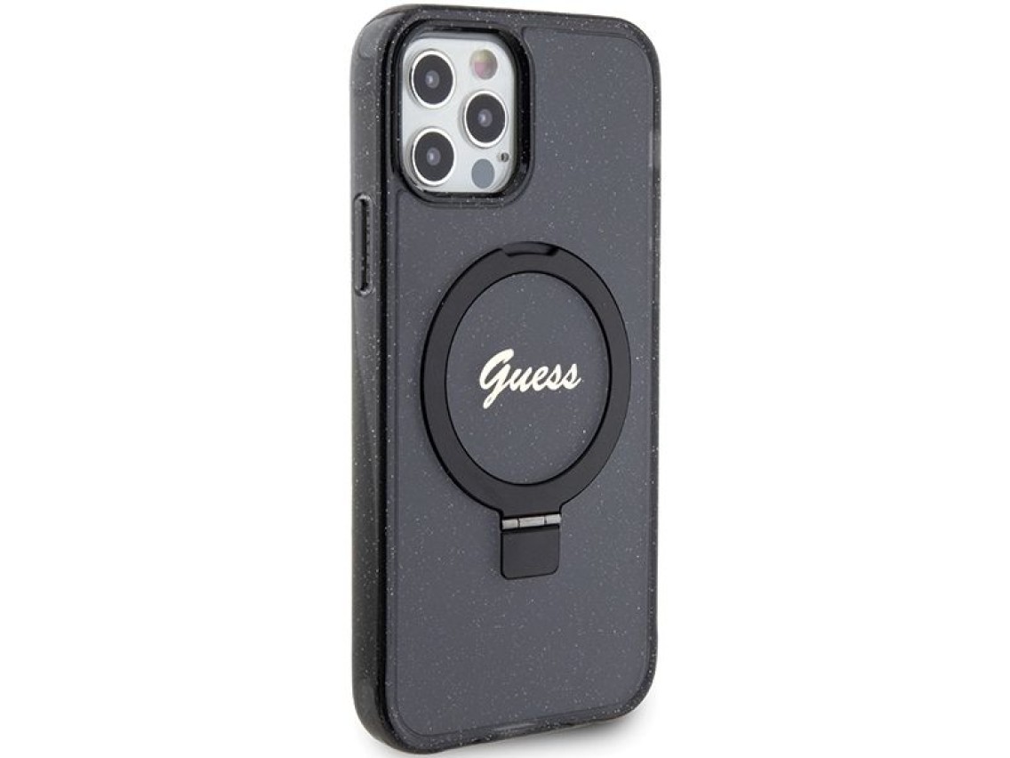 Capa MagSafe Guess Ring Stand Script Glitter para iPhone 12/12 Pro - preta