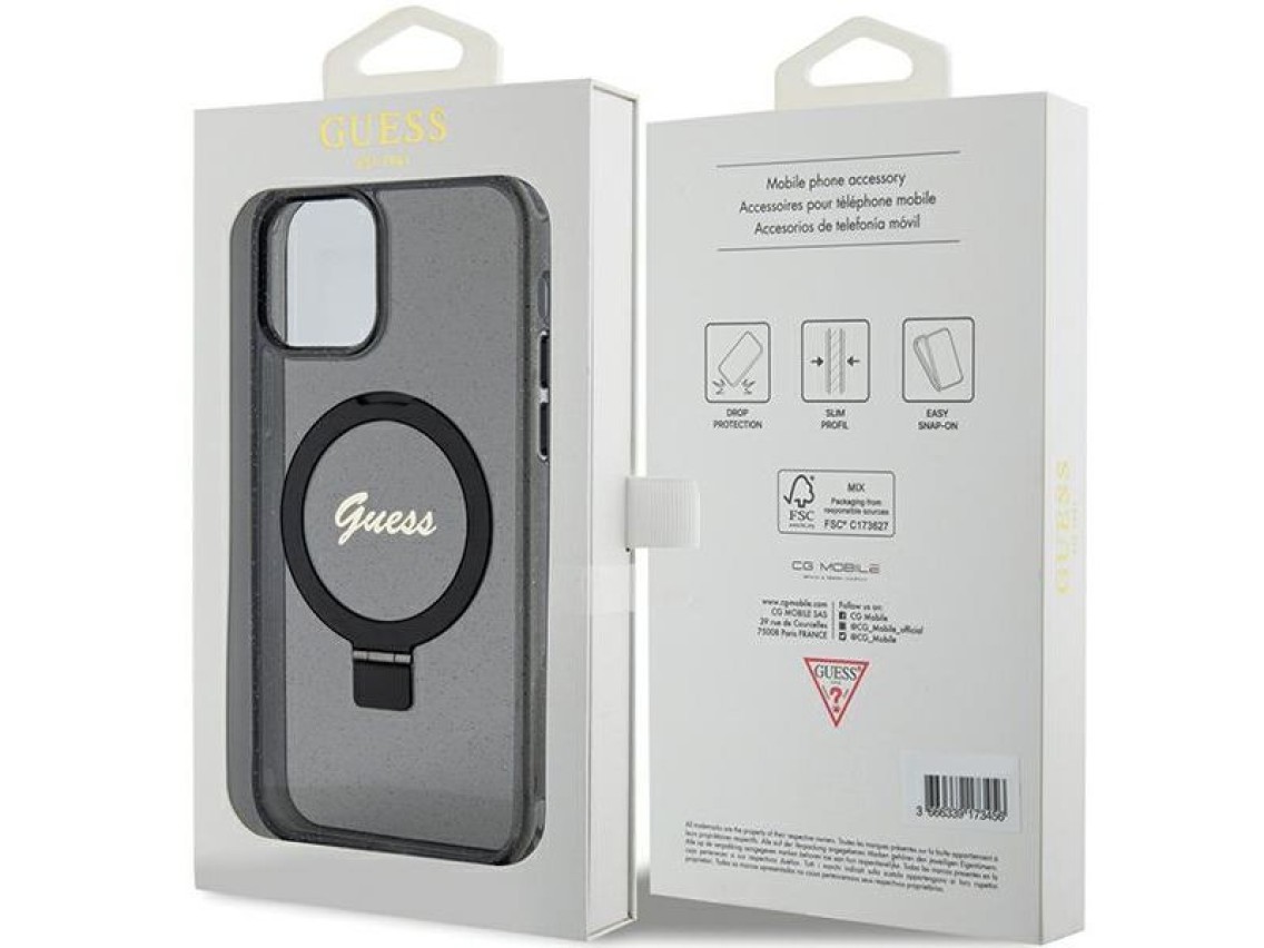 Capa MagSafe Guess Ring Stand Script Glitter para iPhone 12/12 Pro - preta
